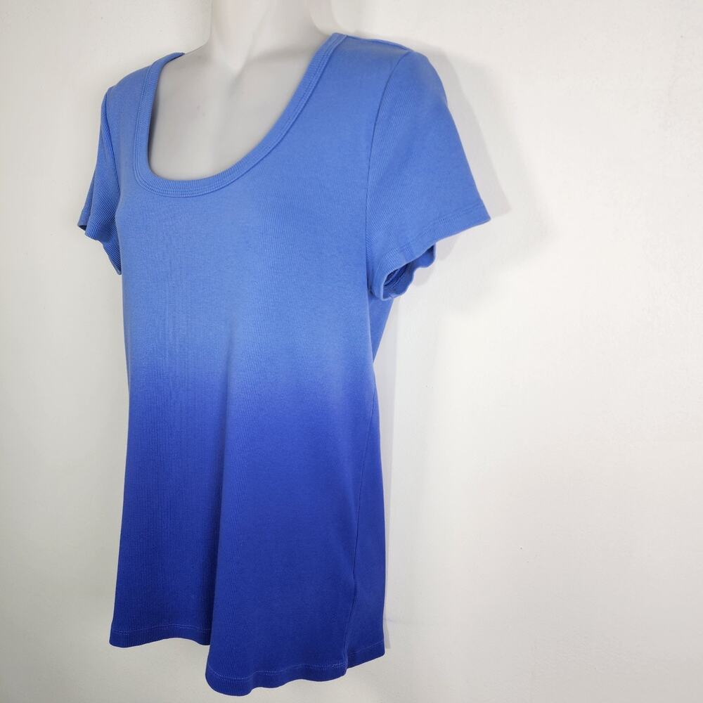 Talbots Womens Ribbed Scoop Neck Tee Dip Dye Ombre Blue Size Large Short Sleeve - Picture 5 of 7